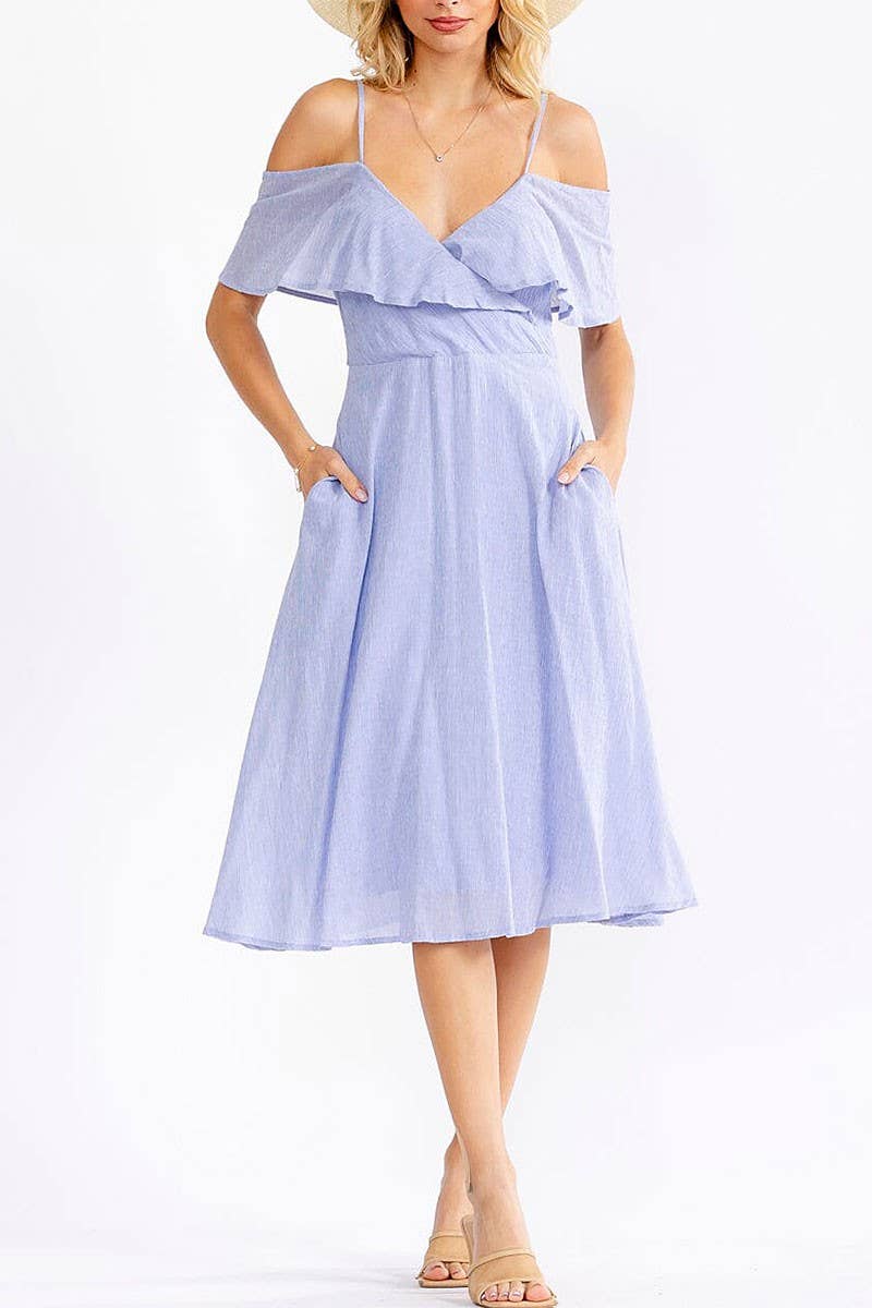 OFF SHOULDER V-NECK FIT FLARE MIDI DRESS