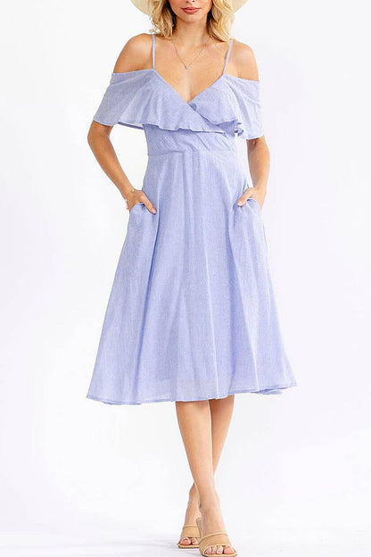 OFF SHOULDER V-NECK FIT FLARE MIDI DRESS