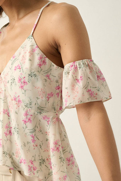 Floral Chiffon Ruffled Cold-Shoulder Cami Top