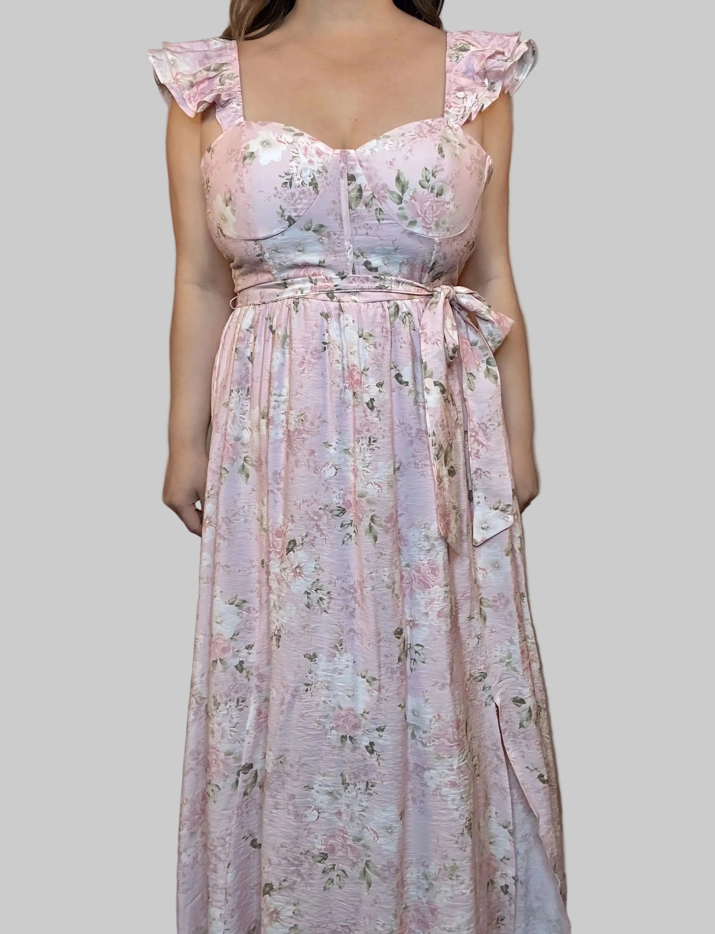 FLORAL WAIST TIE SIDE SLIT CORSET MAXI DRESS