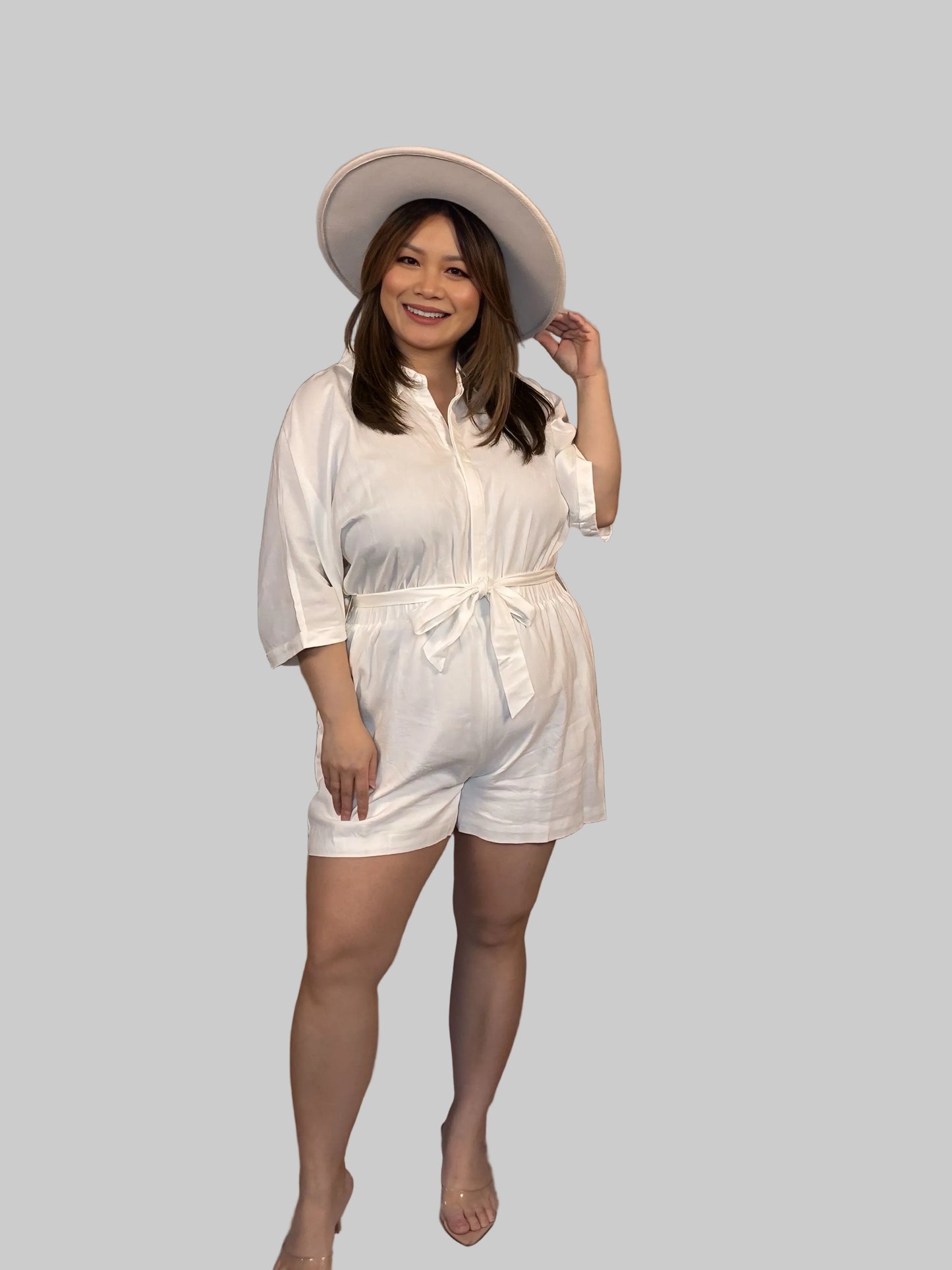 LINEN TIE BELT BUTTON DOWN COLLARED ROMPER