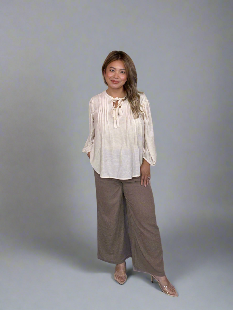 Front Tie Pleated Front 3/4 Sleeve Top