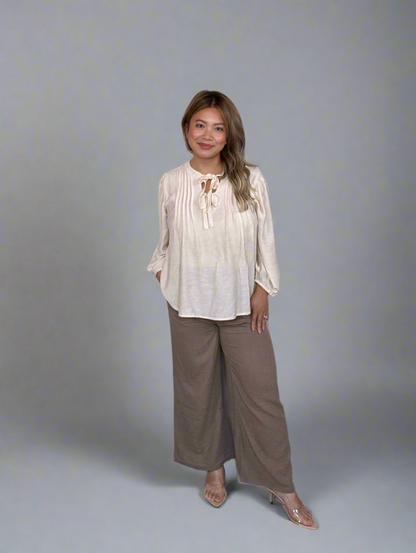 Front Tie Pleated Front 3/4 Sleeve Top