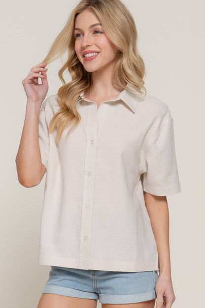 Short Sleeve Button Down Oversized Linen Blend Shirt