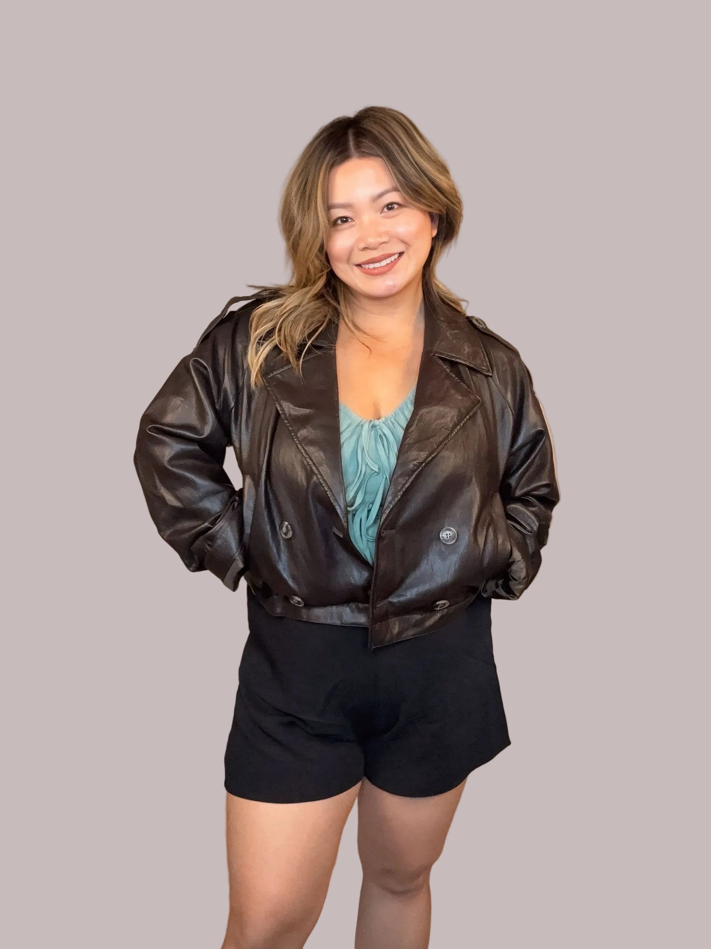 Faux Leather Short Trench Coat