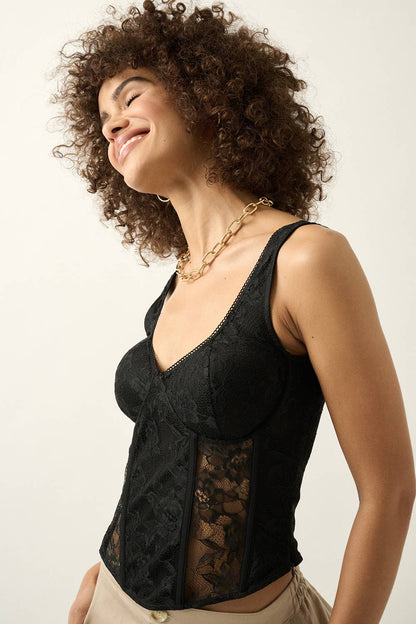 Solid Floral Lace Corset Bodice Tank Top