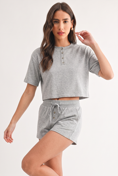 Button-Up Cropped Loungewear Top Set