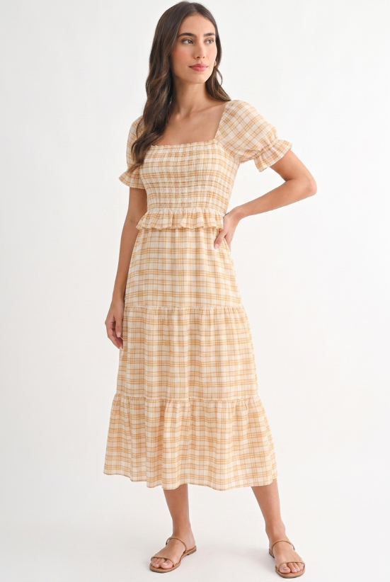 Checked Midi Dress with Puff Sleeves