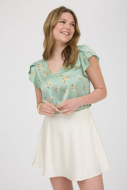 FLORAL PRINT V NECK SCALLOP SATIN BLOUSE