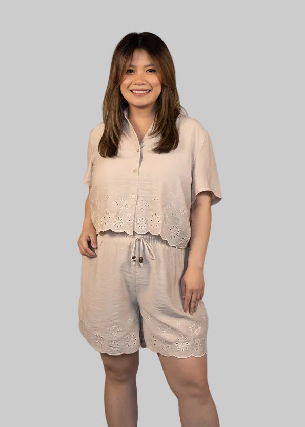 Eyelet Scallop Hem Woven Top & Short Set