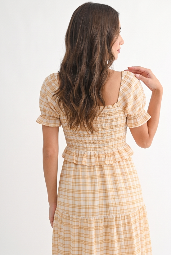Checked Midi Dress with Puff Sleeves