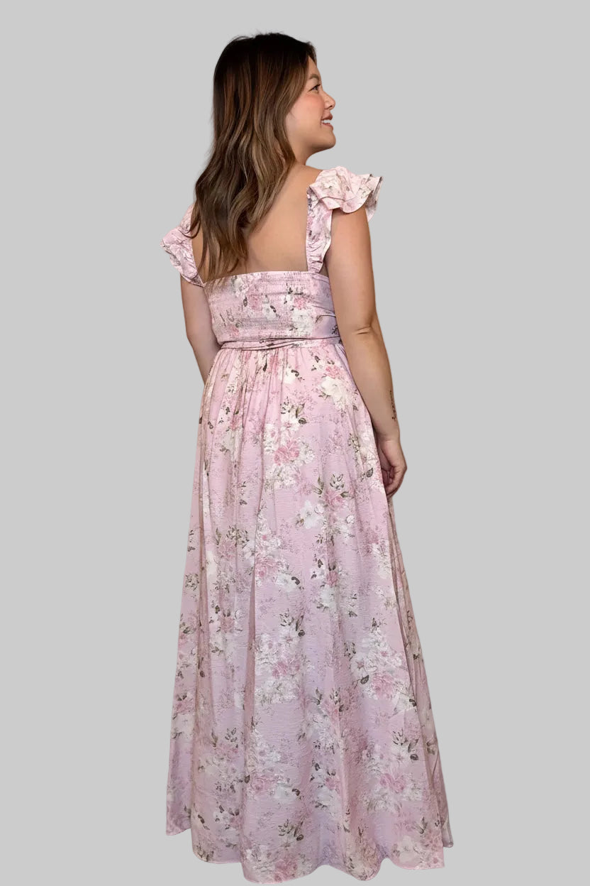 FLORAL WAIST TIE SIDE SLIT CORSET MAXI DRESS