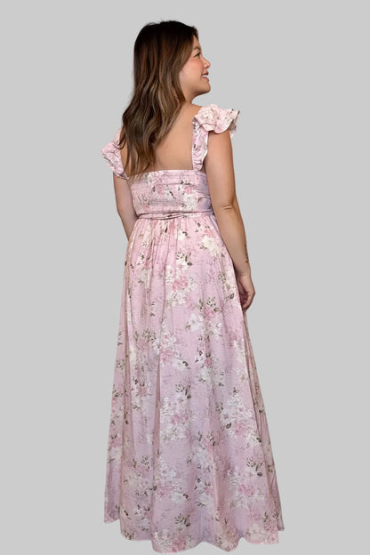 FLORAL WAIST TIE SIDE SLIT CORSET MAXI DRESS