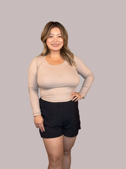 Long Sleeve Scoop Neck with Lace Trim Rib Knit Top