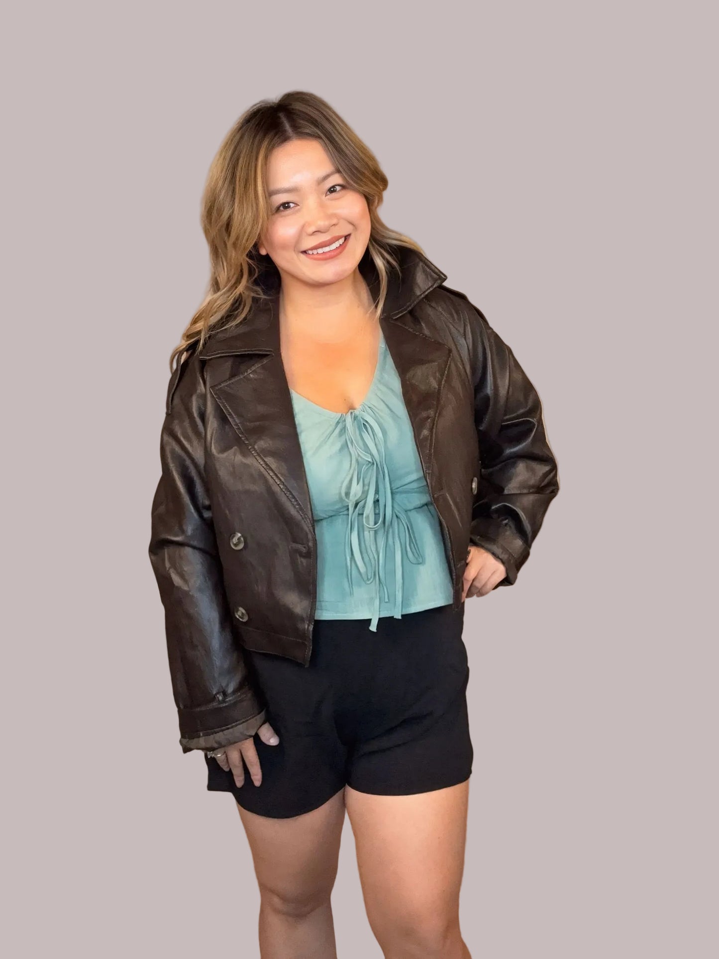 Faux Leather Short Trench Coat