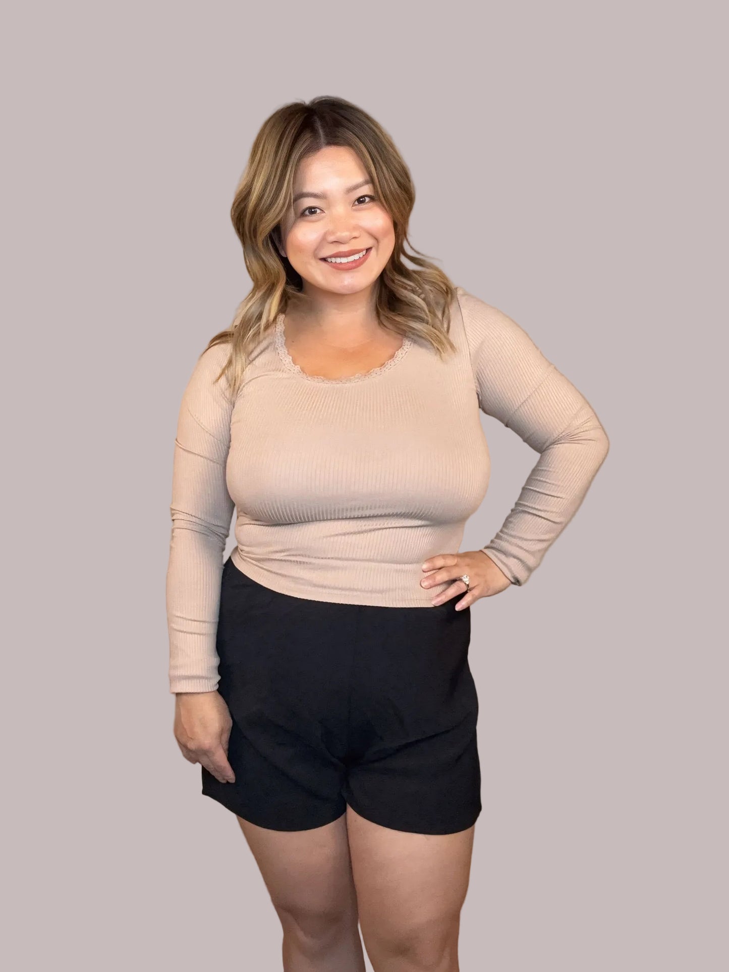 Long Sleeve Scoop Neck with Lace Trim Rib Knit Top