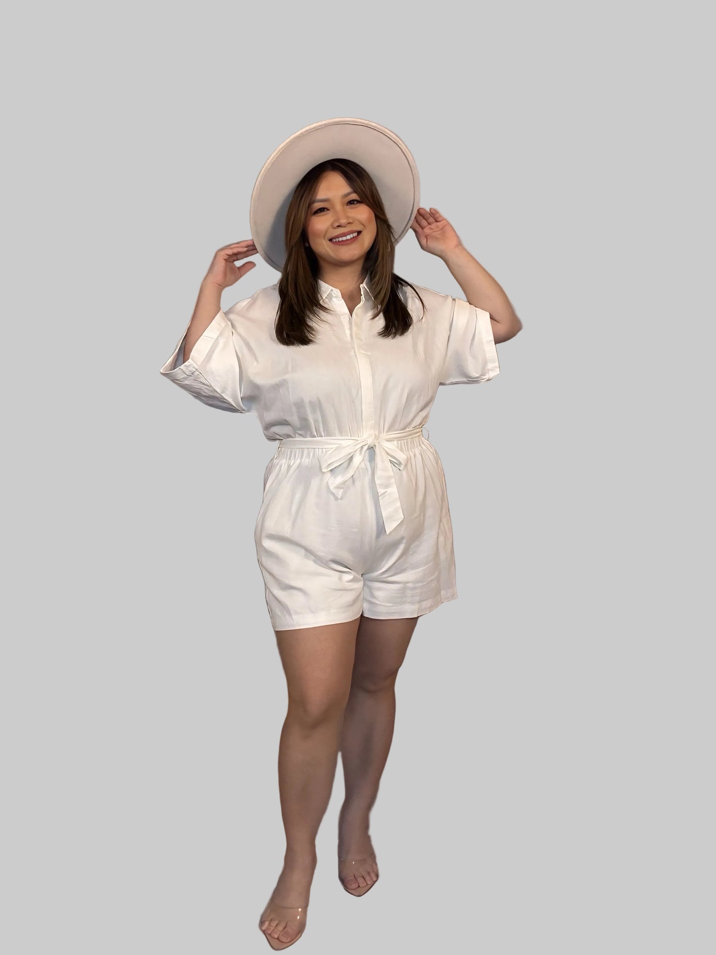 LINEN TIE BELT BUTTON DOWN COLLARED ROMPER