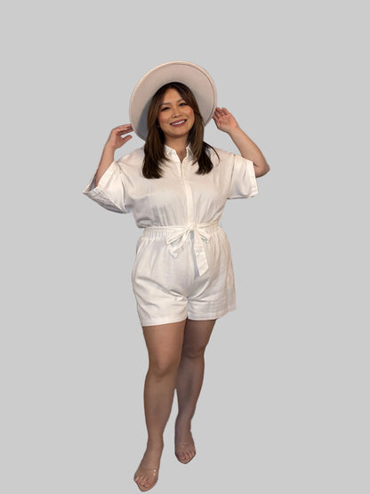 LINEN TIE BELT BUTTON DOWN COLLARED ROMPER