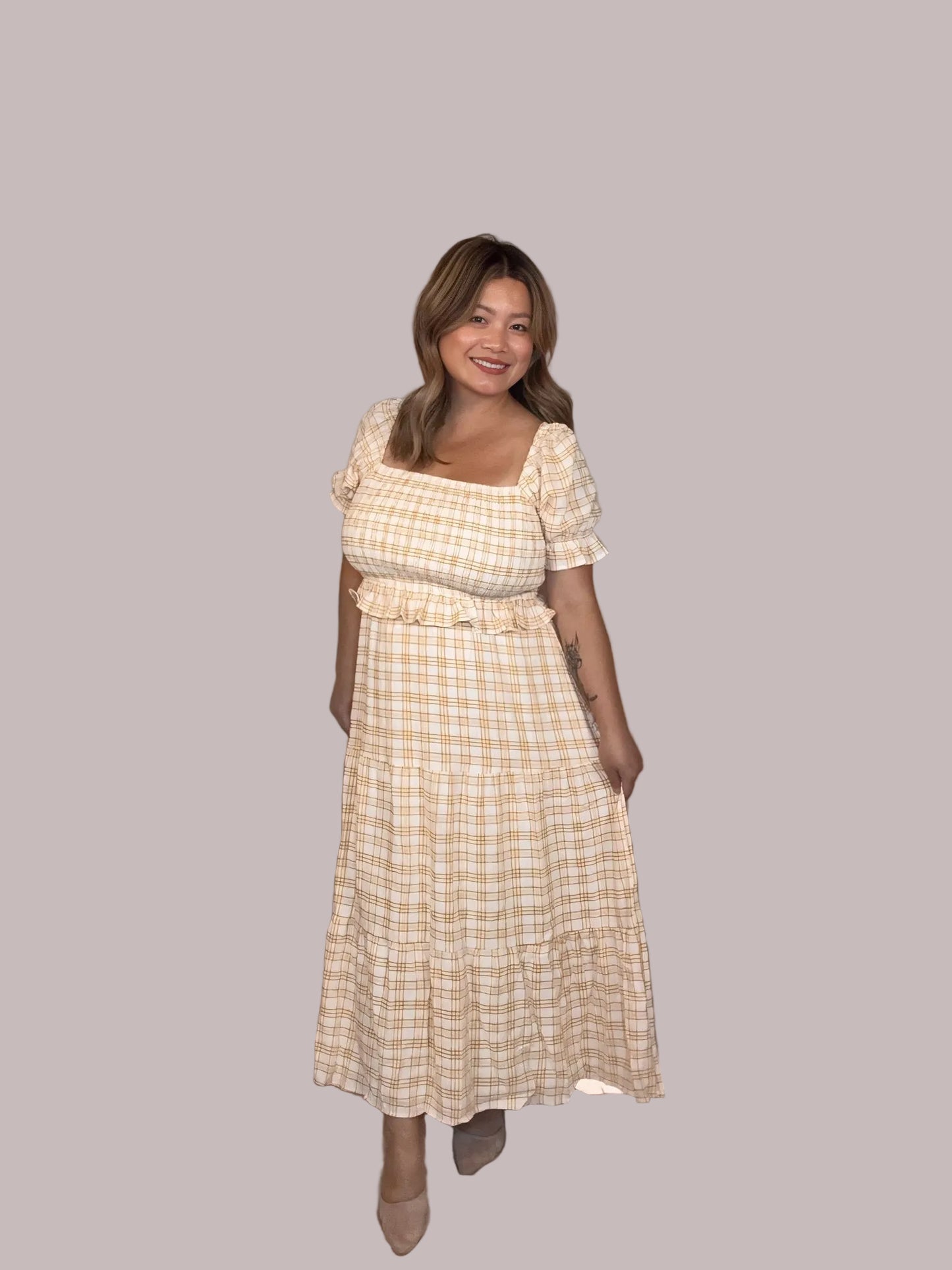 Checked Midi Dress with Puff Sleeves