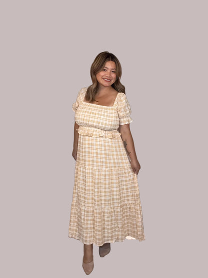 Checked Midi Dress with Puff Sleeves