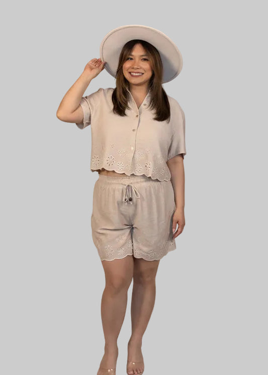Eyelet Scallop Hem Woven Top & Short Set