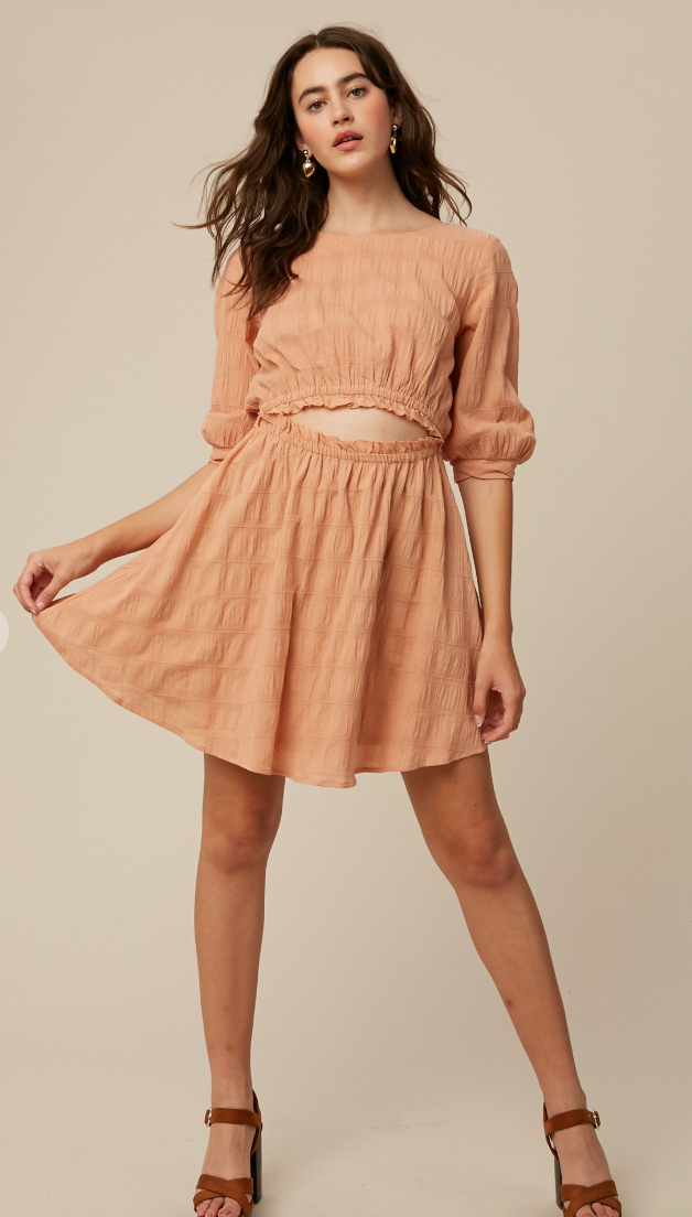 Textured Cotton Front Cut Out Dolman Sleeve Dress