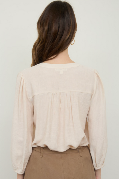 Front Tie Pleated Front 3/4 Sleeve Top