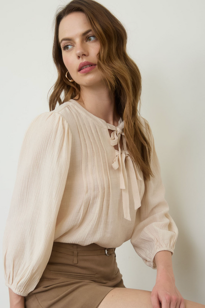 Front Tie Pleated Front 3/4 Sleeve Top