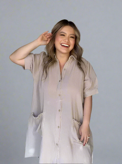 Ruffled Pocket Button Down Shirt Dress