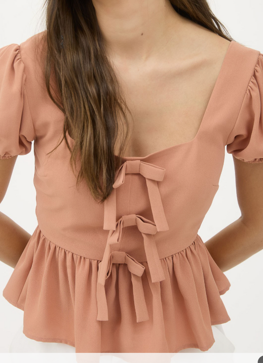 Front Bow Detail Puff Sleeve Peplum Top