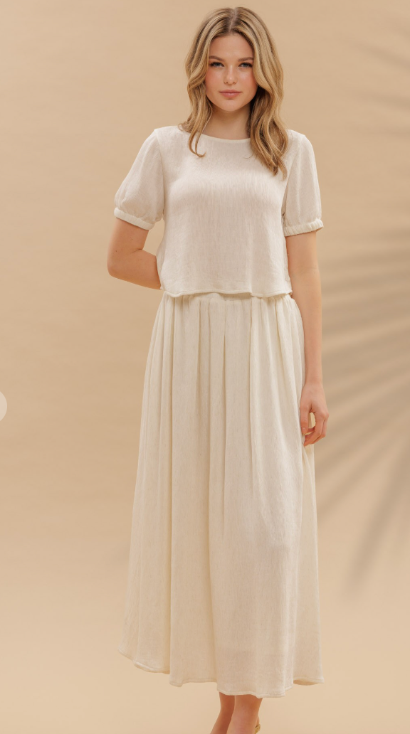 2 PC High Elastic Waist Crinkle Midi Skirt & Shirt