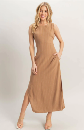 Striped Rayon Linen Side Slit Maxi Dress