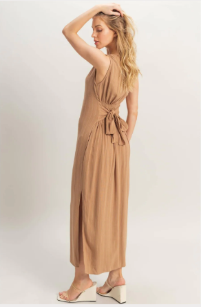 Striped Rayon Linen Side Slit Maxi Dress
