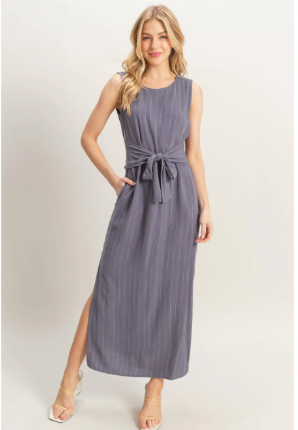 Striped Rayon Linen Side Slit Maxi Dress