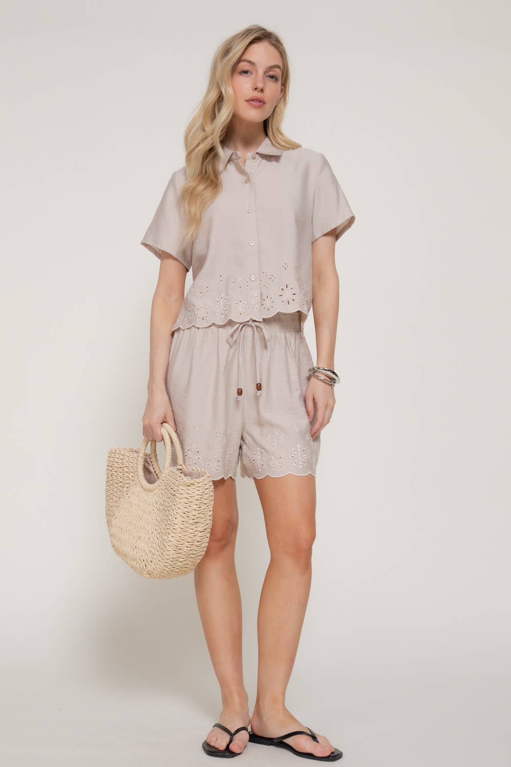 Eyelet Scallop Hem Woven Top & Short Set