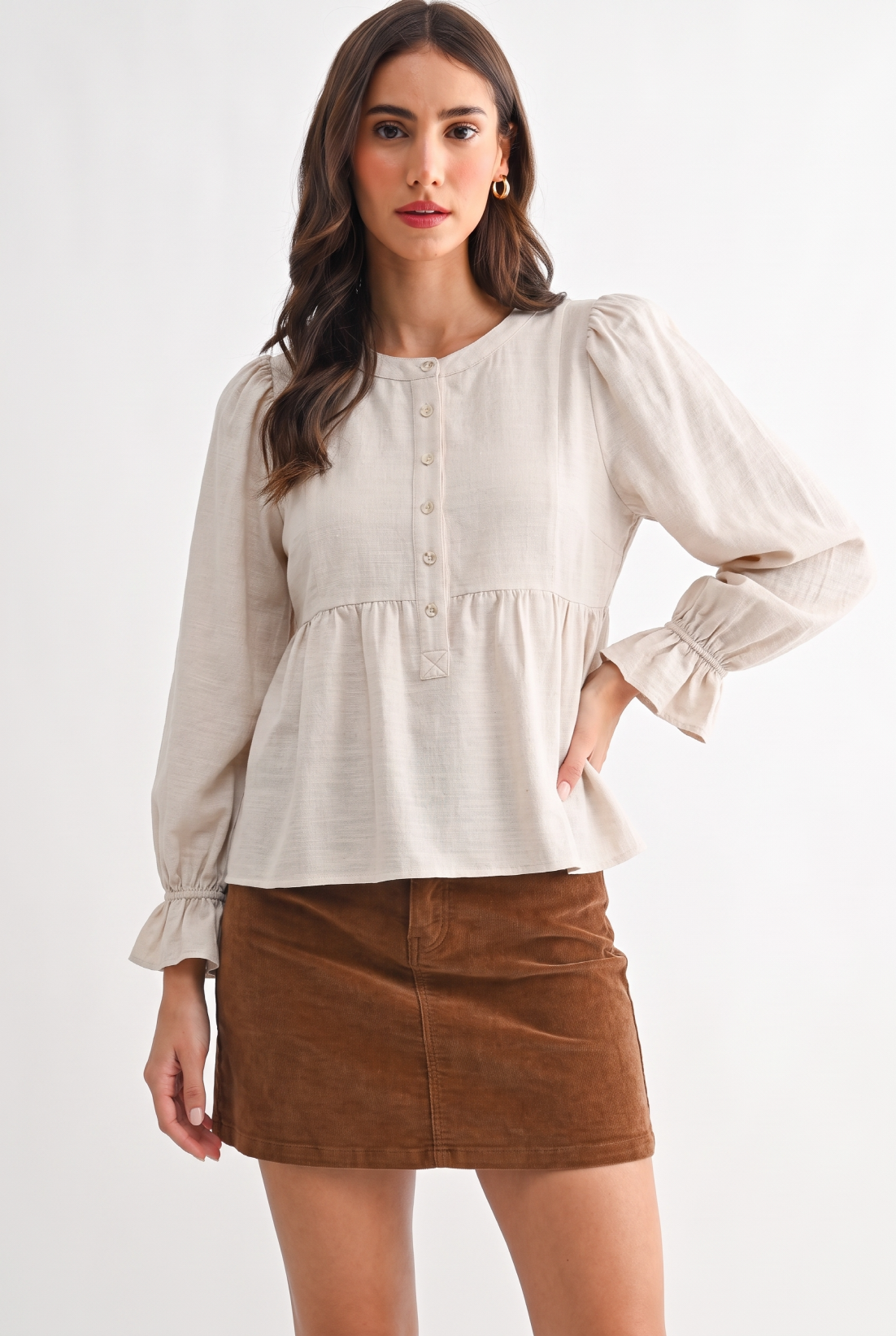 Linen Puff Sleeve Peplum Blouse