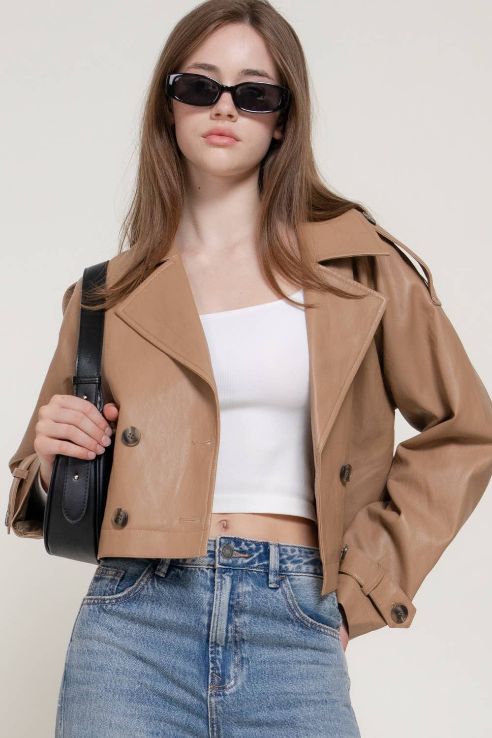 Faux Leather Short Trench Coat