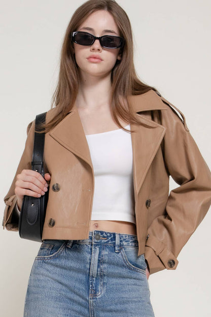 Faux Leather Short Trench Coat