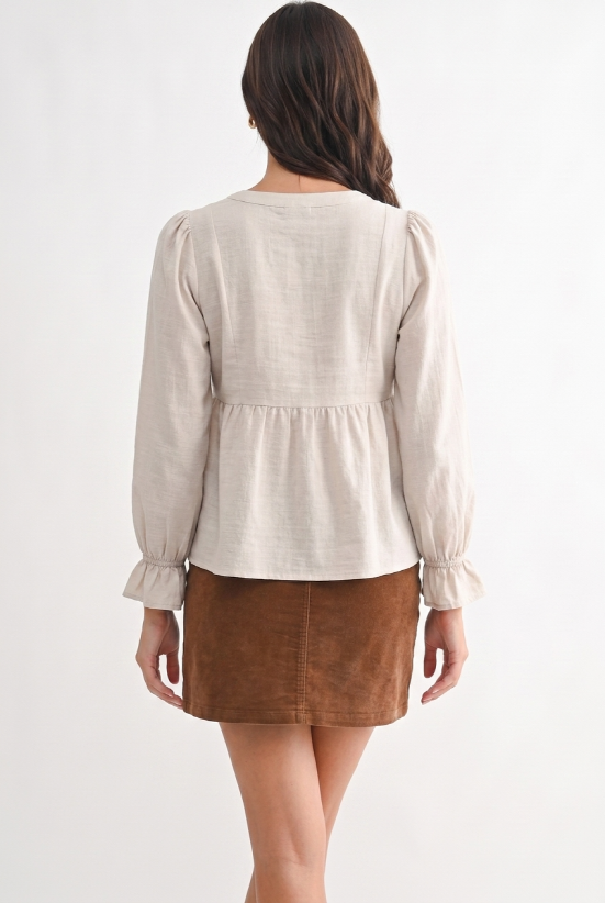 Linen Puff Sleeve Peplum Blouse