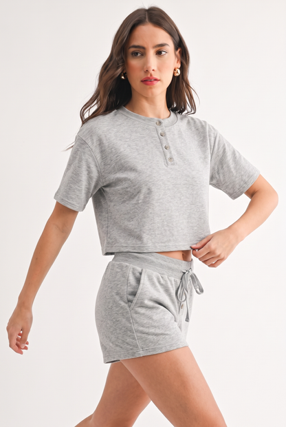 Button-Up Cropped Loungewear Top Set