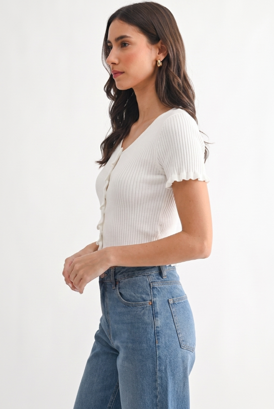 Button-Front Ribbed Knit Cardigan