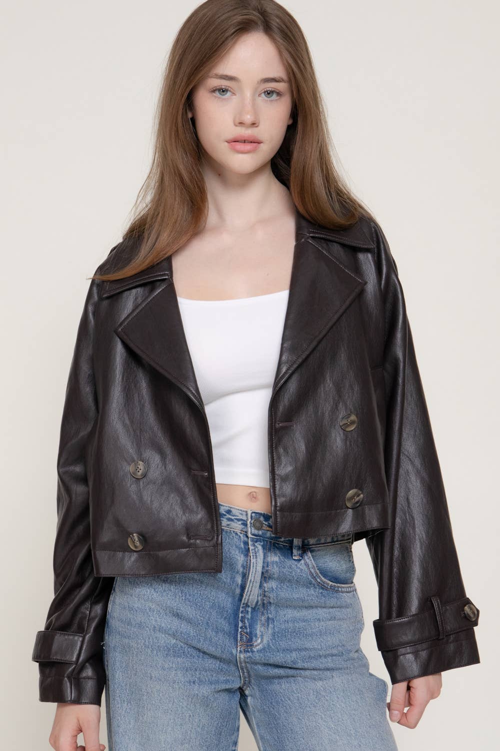 Faux Leather Short Trench Coat