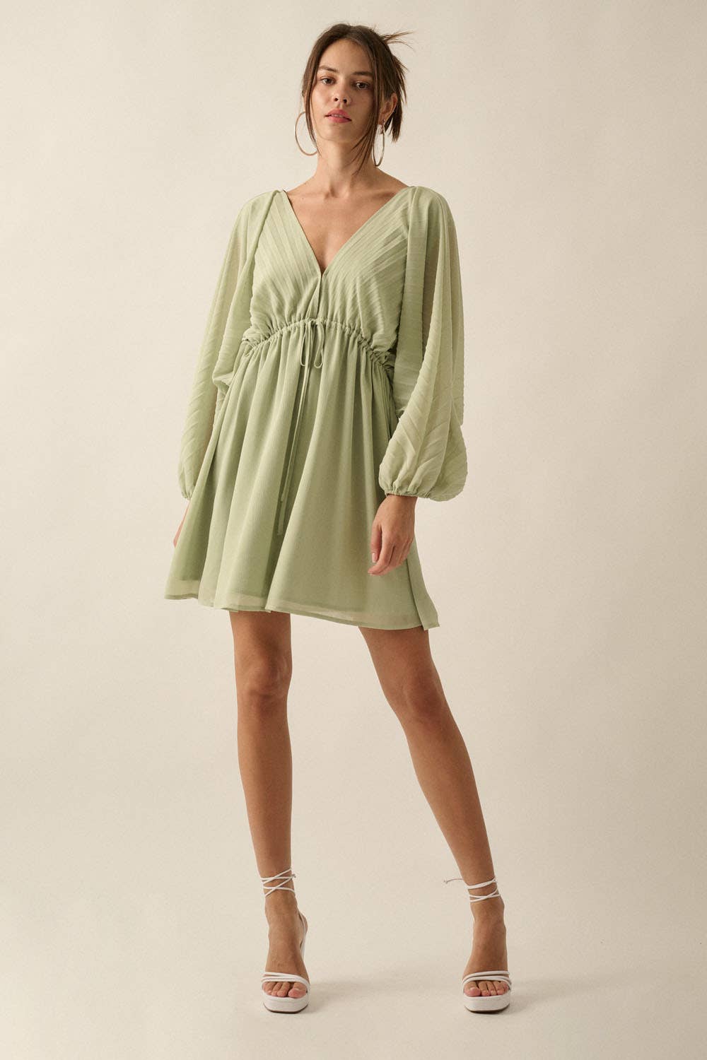 Deep V Neck Chiffon Bishop Sleeve Mini Dress