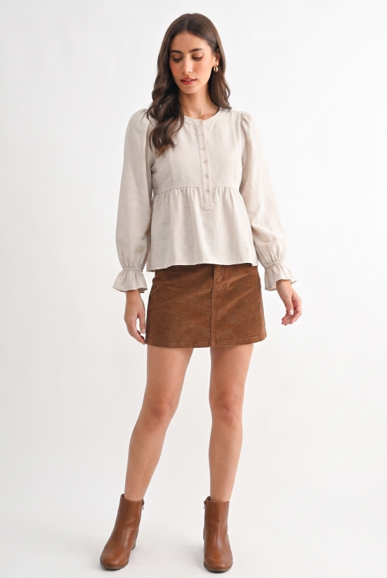Linen Puff Sleeve Peplum Blouse