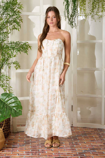 FLORAL STRAPLESS CORSET SIDE SLIT MIDI DRESS