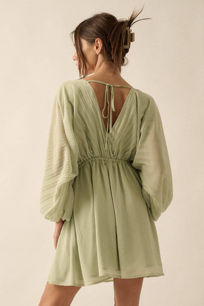 Deep V Neck Chiffon Bishop Sleeve Mini Dress