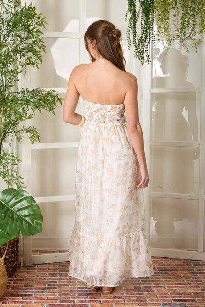 FLORAL STRAPLESS CORSET SIDE SLIT MIDI DRESS