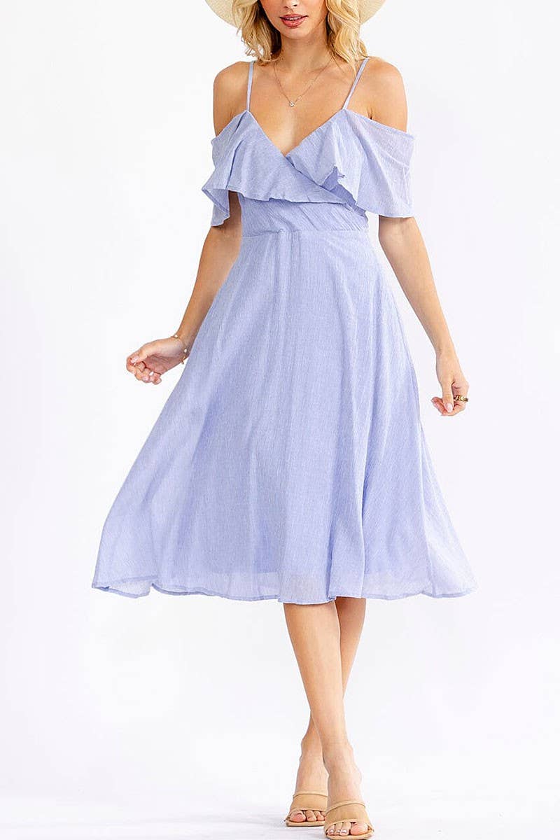 OFF SHOULDER V-NECK FIT FLARE MIDI DRESS