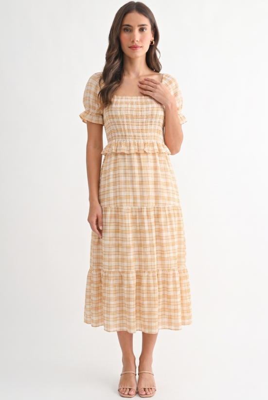 Checked Midi Dress with Puff Sleeves