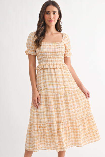 Checked Midi Dress with Puff Sleeves